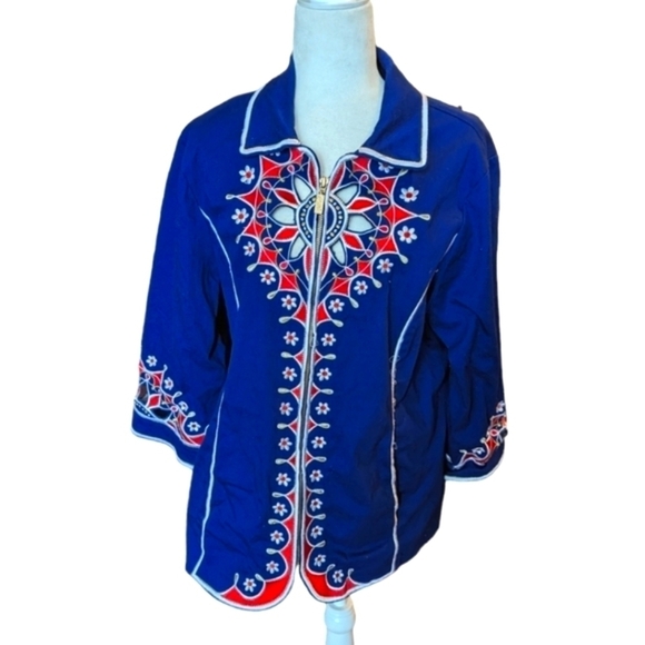 Bob Mackie Lazer cut out embroidered navy with red/ white zip up jacket sz 1X - Picture 4 of 7